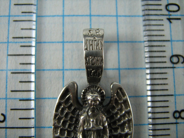 SOLID 925 Sterling Silber Icon Anhänger Medaille Heiliger Engel der Schutzengel Beschützer Amulett Flügel oxidiert Vintage christliche Kirche Glaube Schmuck MD000528