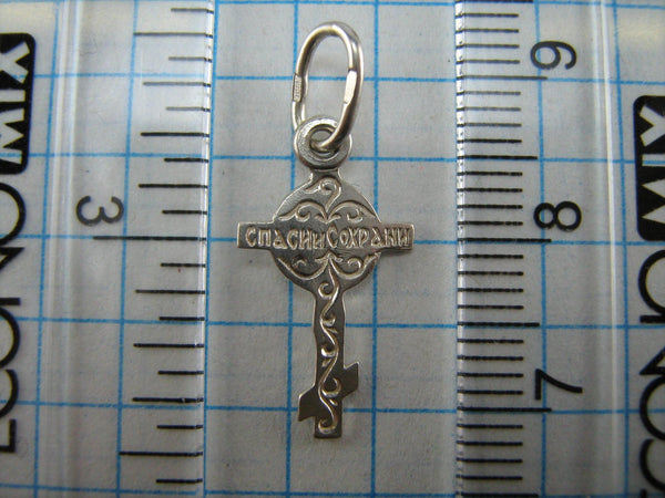 SOLID 925 Sterling Silver Cross Pendant Jesus Christ Crucifix Prayer Text Old Believers Small Filigree Pattern Vintage Christian Church Fine Faith Jewelry CR000470