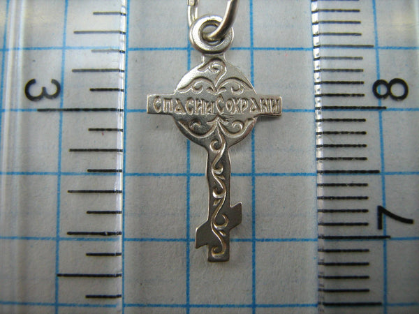 SOLID 925 Sterling Silver Cross Pendant Jesus Christ Crucifix Crucifixion Russian Text Cyrillic Inscription Prayer Save Protect Guardian Amulet Religious Old Believers Small Filigree Pattern Vintage Christian Church Faith Jewelry Fine Jewellery CR000470
