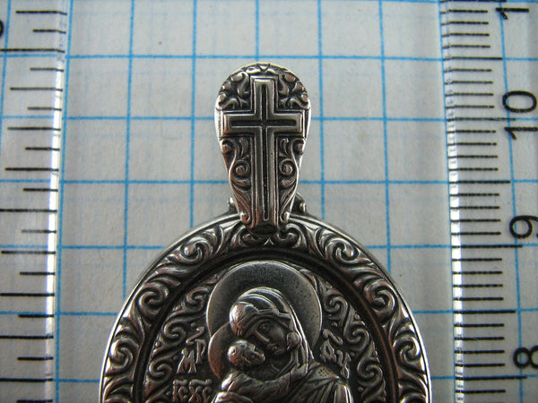 SOLID 925 Sterling Silver Pendant Medal Icon Mother of God Mary Vladimirskaya of Vladimir Eleousa Tenderness Jesus Christ Russian Text Prayer Guardian Amulet Cross Large Filigree Oxidized Vintage Christian Church Faith Jewelry Fine Jewellery MD000530