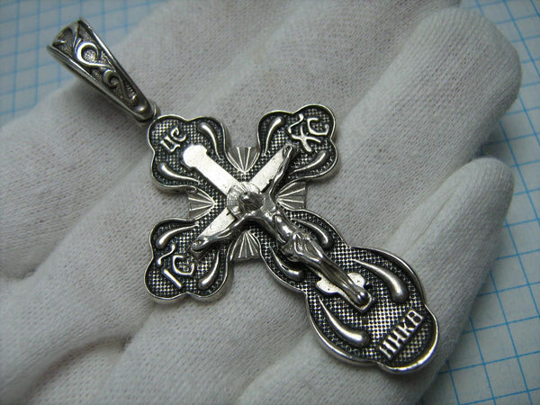 SOLID 925 Sterling Silver Cross Pendant Jesus Christ Crucifix Crucifixion Russian Text Inscription Prayer Guardian Amulet Religious Church Cupola Dome Large Heavy Filigree Pattern Oxidized Vintage Christian Church Faith Jewelry Fine Jewellery CR000283
