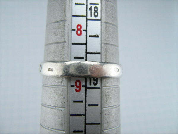 925 Sterling Silver narrow band with Christian prayer inscription to Mother of God on the oxidized background.