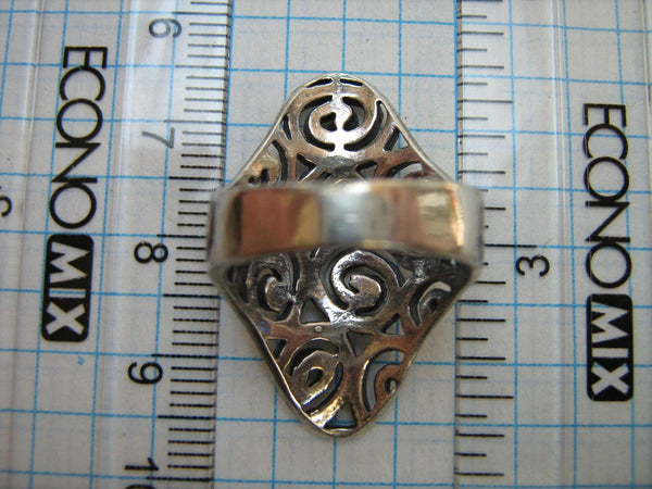 SOLID 925 Sterling Silver Ring US size 6.25 Whirlpool Comma Rose Flower Saddle Long Heavy Openwork Oxidized Pattern Fashion Style Design Ornament Cocktail Statement Vintage Handcrafted Handiwork Handmade Manual Work Jewelry Fine Jewellery RI000562