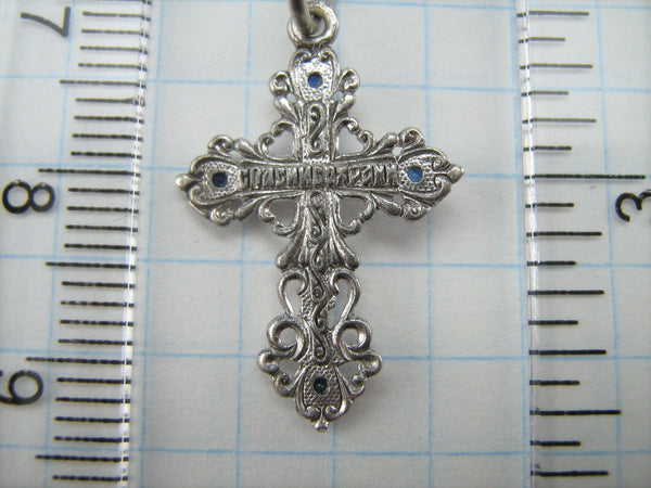 SOLID 925 Sterling Silver Cross Pendant Crucifixion Guardian Amulet Religion Sapphire Gemstones Vintage Christian Church Faith Jewelry Fine CR000537