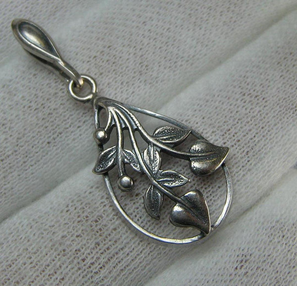 Vintage USSR solid 925 Sterling Silver oxidized drop shaped and leaves motif pendant decorated with openwork oxidized detailed finish