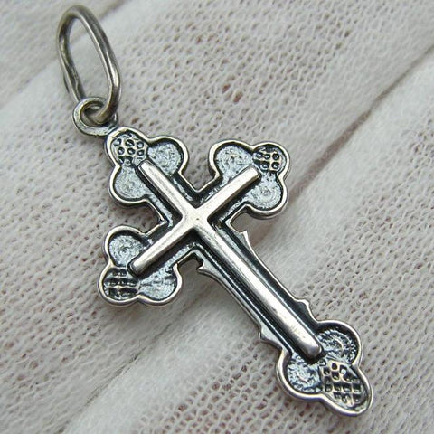 925 Sterling Silver small cross pendant and Jesus Christ crucifix with Christian prayer inscription to God decorated with oxidized pattern.