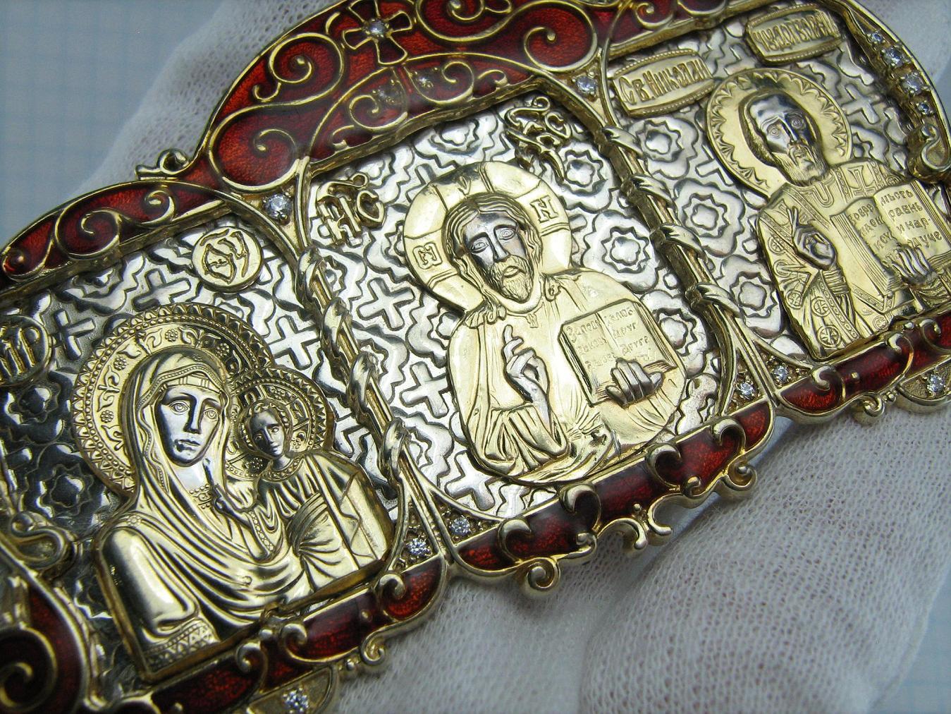 925 Sterling Silver and yellow gold plated triptych icon decorated with pattern, red inlay and clear stones with Christian prayer inscriptions.