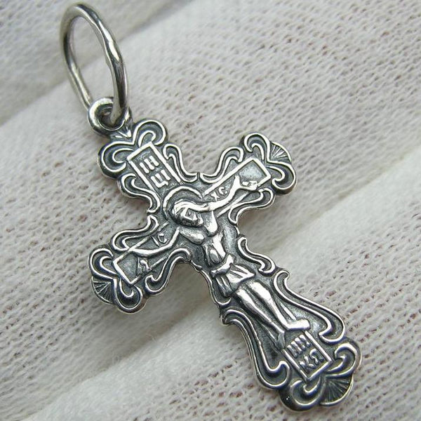 New solid 925 Sterling oxidized cross pendant and crucifix with Christian prayer inscription.