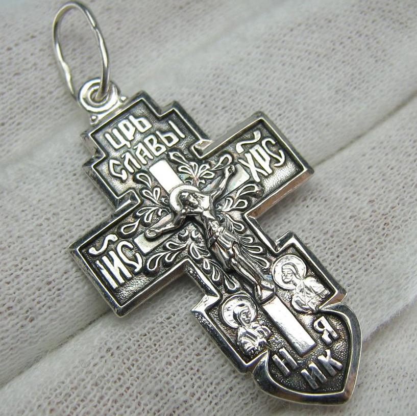 New solid 925 Sterling Silver oxidized cross pendant and crucifix with Christian prayer inscription.