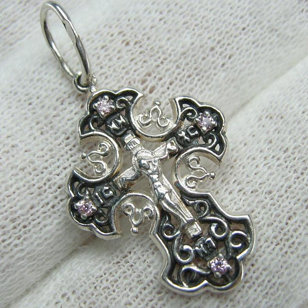 New solid 925 Sterling Silver oxidized cross pendant and Jesus Christ crucifix with Christian prayer inscription to God decorated with rose-pink Cubic Zirconia gemstones.