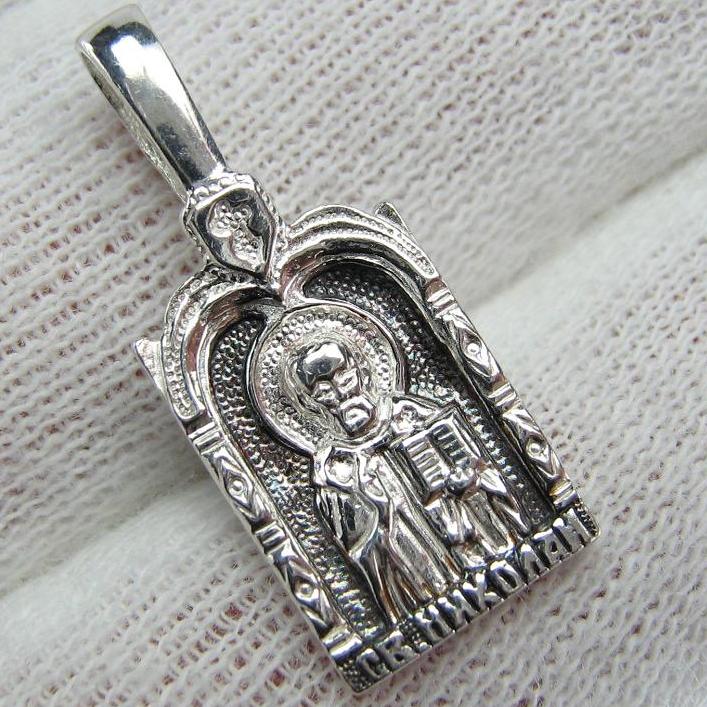 Solid 925 Sterling Silver icon pendant and medal depicting Saint Nicholas the Wonderworker decorated with prayer scripture.
