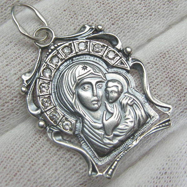 925 Sterling Silver detailed icon pendant and oxidized medal in filigree frame depicting the icon of Mother Mary of Vladimir and Jesus Christ. This Christian jewelry is decorated with Cubic Zirconia stones and manual oxidized work.