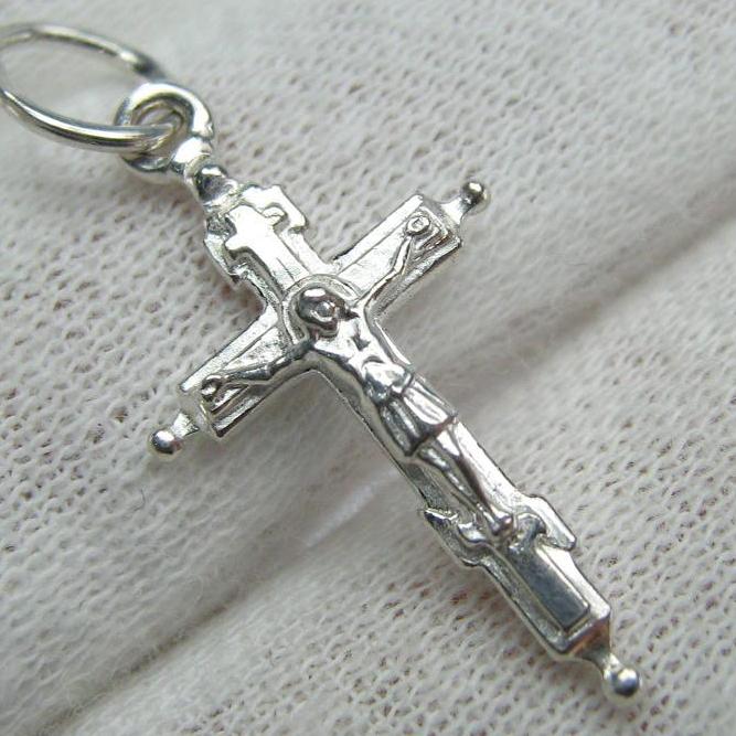 New solid 925 Sterling Silver small old believers cross pendant and Jesus Christ crucifix with Christian prayer inscription to God and decorated with filigree pattern.