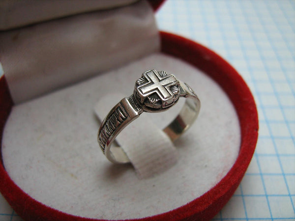 SOLID 925 Sterling Silver Ring Band US size 5.5 Russian Text Cyrillic Inscription Blessing Prayer God Lord Have Mercy Guard Amulet Religious Religion Cross Oxidized Pattern Decoration Vintage Christian Church Faith Jewelry Fine Jewelry RI000546