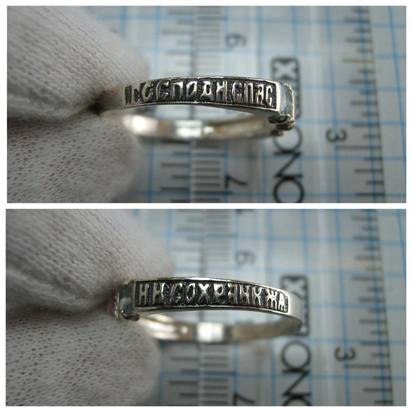 Real pure solid 925 Sterling Silver band with Christian prayer inscription to God on the black oxidized background decorated with 3 Cubic Zirconia stones blue, pink and rose