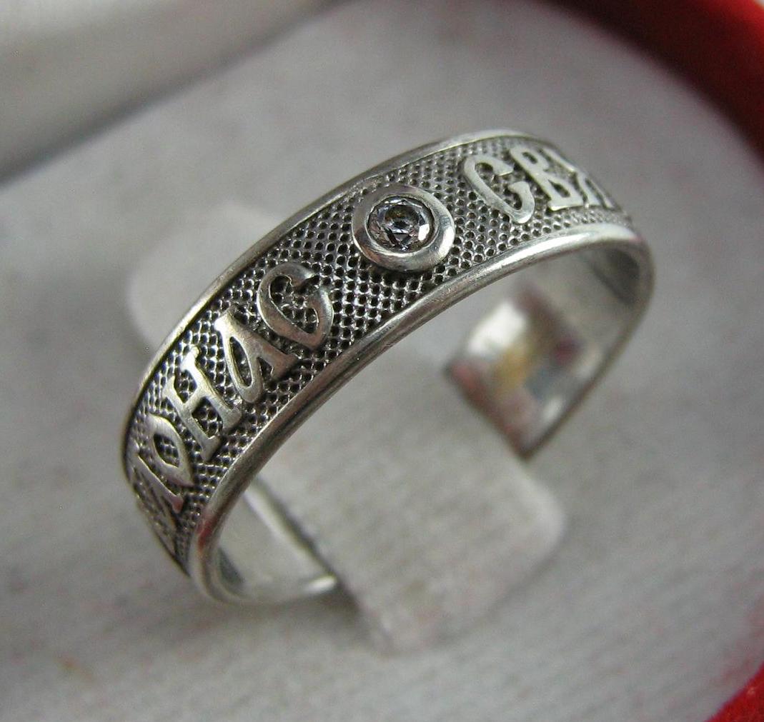 Real solid 925 Sterling Silver eternity band with Christian prayer inscription to Saint Barbara decorated with cubic zirconia stone  