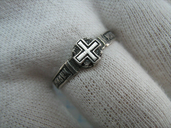 Real solid 925 Sterling Silver ring with Christian prayer inscription to God on the oxidized background of the band with religion cross
