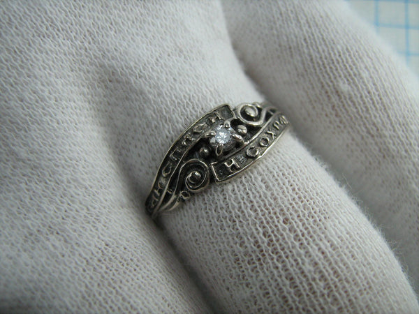 Real solid 925 Sterling Silver ring with Christian prayer inscription to God on the oxidized background decorated with openwork finish and white round stone