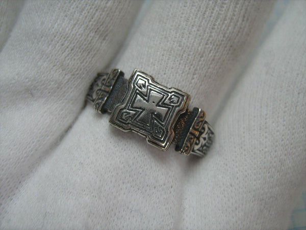 New and never worn 925 solid Sterling Silver signet with Christian prayer inscription to God and Venerable Cross with oxidized finish and Maltese cross decoration, faith and church jewelry 
