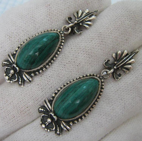 Pre-owned and estate, vintage and old 875 solid Silver heavy Russian earrings latch back snap closure with oxidized pattern and dangling drops of genuine malachite stones