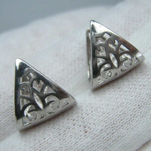 925 solid Sterling Silver earrings latch back snap closure with openwork filigree ornament.