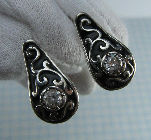 Pre-owned and estate 925 solid Sterling Silver earrings latch back snap closure with filigree pattern, black inlay and CZ stones