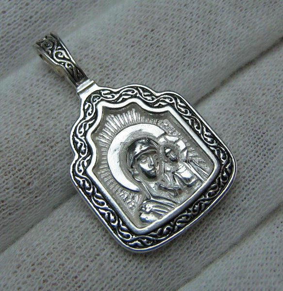 New and never worn solid 925 Sterling Silver pendant and medal in filigree frame with black enamel inlay depicting Kazan icon of Mother of God and Jesus Christ, decorated with prayer inscription