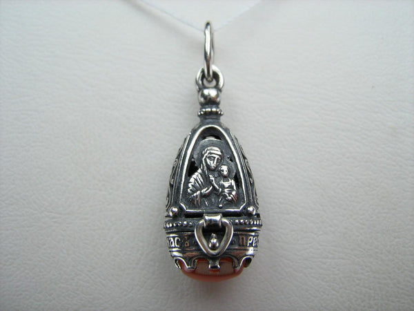 New solid 925 Sterling Silver oxidized icon pendant and locket depicting Mother of God Mary, Jesus Christ and the prayer inscription, decorated with orange-red oval cabochon of cat’s eye stone.