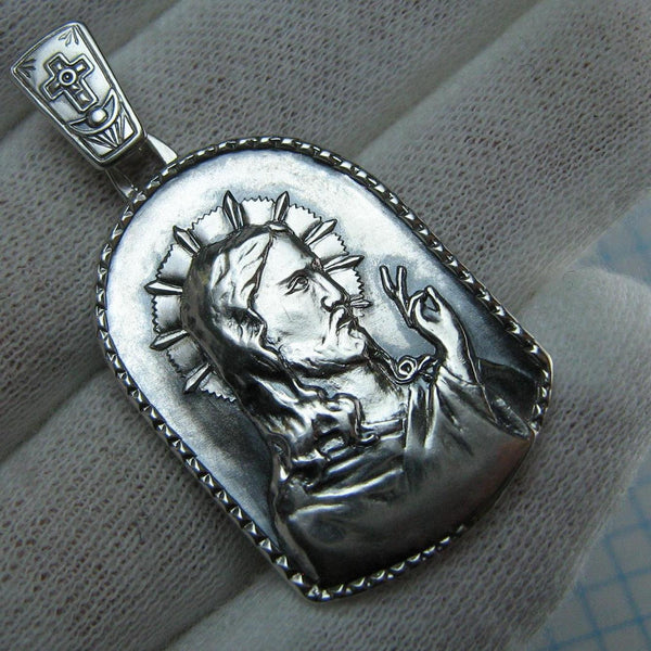 Vintage solid 925 Sterling Silver large and heavy oxidized icon pendant and medal with Christian prayer inscription to Jesus Christ Blessing Teacher depicting old believers cross