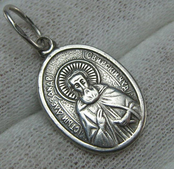 SOLID 925 Sterling Silver Icon Pendant Medal Saint Svirsky Alexander Alexandr Alex of Svir Russian Text Inscription Prayer Guardian Protector Patron Amulet Religious Cross Small Oval Oxidized Vintage Christian Church Faith Jewelry Fine Jewellery MD000877