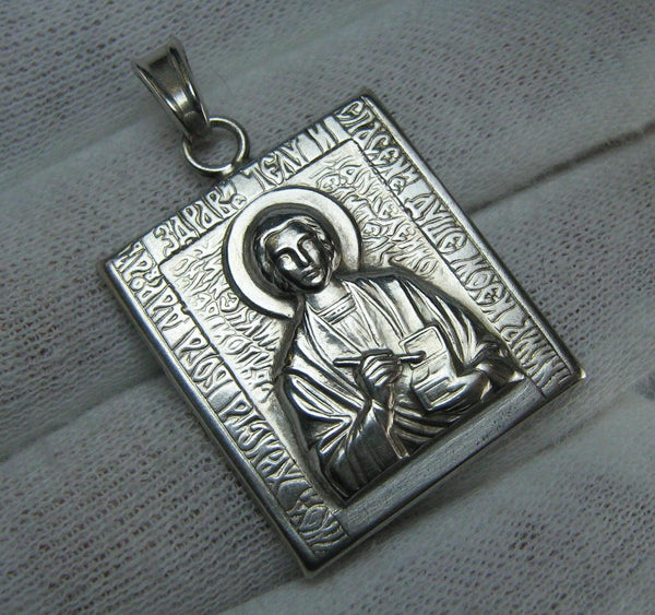 Real pure solid 925 Sterling Silver square icon pendant and medal with Christian prayer inscription to Saint Panteleimon depicting Pantaleon, the healer and the patron of Doctors