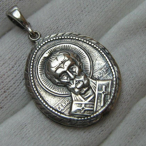 New and never worn solid 925 Sterling Silver large oval oxidized icon pendant and medal of Saint Nicholas the Wonderworker and Russian prayer text