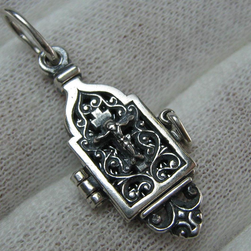 New and never worn solid 925 Sterling Silver oxidized openwork icon pendant in filigree frame and locket openable medallion with Christian prayer inscription to Saint Nicholas the Wonderworker depicting the crucifixion