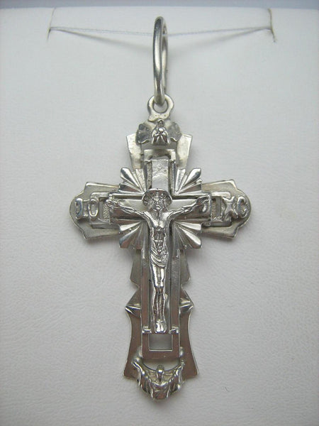 925 Sterling Silver cross pendant with crucifix and Russian prayer text decorated with angels.