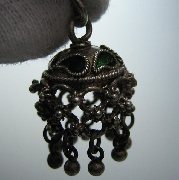 Antique old solid silver pendant decorated with openwork granules and green enamel