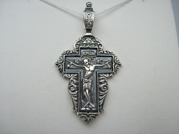 925 Sterling cross necklace depicting Jesus Christ crucifix and Mother of God Mary decorated with Christian prayer inscription.