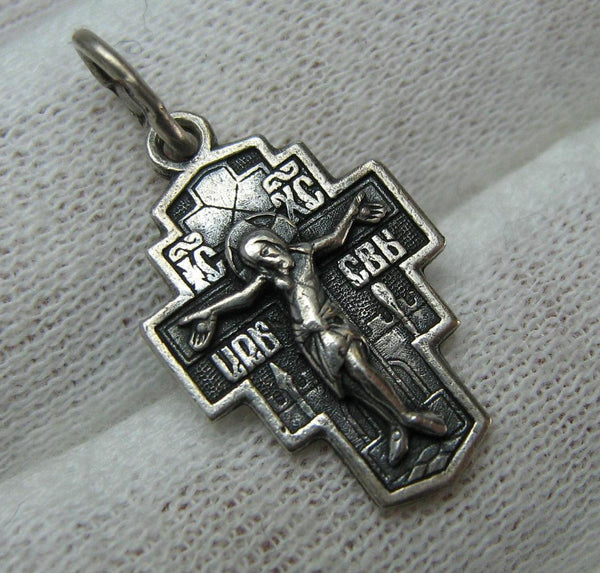 Vintage solid 925 Sterling Silver small oxidized cross pendant and detailed Jesus Christ crucifix with inscriptions decorated with Jerusalem view and depicting Saint Nicetas’ victory over the demon
