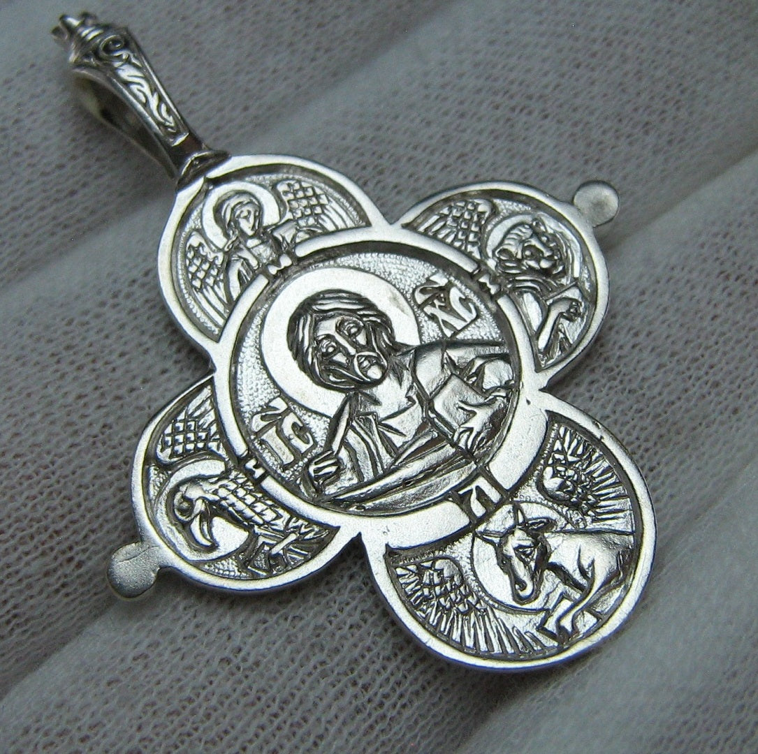 Vintage solid 925 Sterling Silver large detailed cross pendant and faith medal with Christian prayer inscription to Mother of God decorated with the Tetramorph images (lion, bull, eagle and angel) symbolizing the four evangelists (Matthew, Mark, Luke and John) and depicting the icon of Jesus Christ the Almighty, also called Pantocrator or the Ruler or the Sovereign Lord