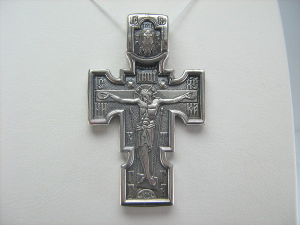 925 Sterling Silver Christian cross necklace representing crucifix, Mother of God and Archangel Michael.