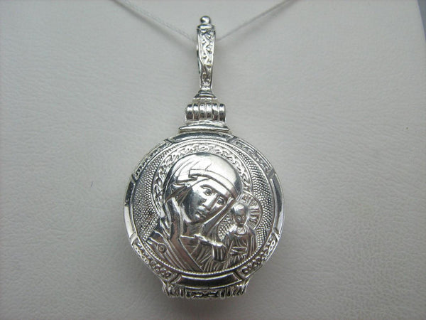 925 Sterling Silver locket, religious pendant and medal decorated with Kazanskaya Mother of God Mary icon and old believers cross.