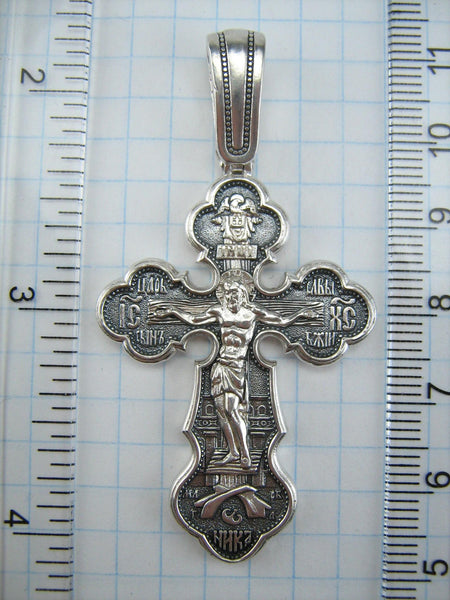 925 Sterling Silver Christian cross pendant and crucifix depicting Mother of God Protecting Veil, angels, Saint George and Holy Spirit.
