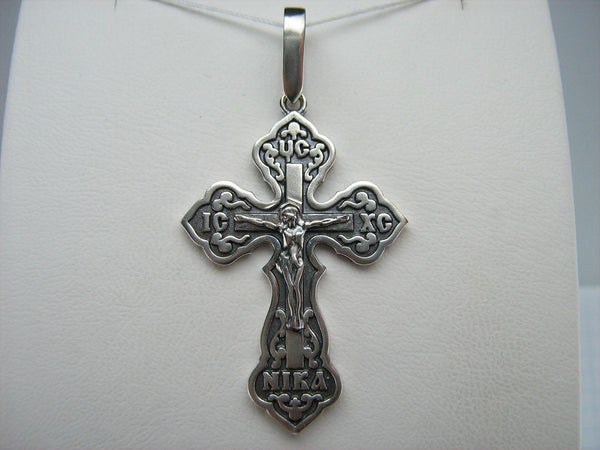 925 Sterling Silver Christian cross pendant and crucifix with Russian prayer inscription decorated with filigree and wood pattern on the oxidized background.