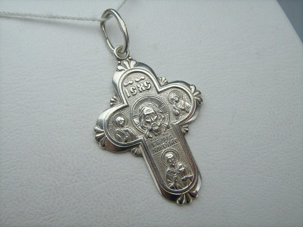 Solid 925 Sterling Silver cross pendant with Christian prayer inscription decorated with the images of Jesus Christ face, Mother Mary, Saint John the Baptist and Nicholas the Wonderworker.