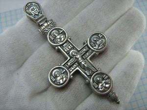 Vintage solid 925 Sterling Silver large oxidized cross pendant encolpion and Jesus Christ crucifix with Christian prayer inscription to God decorated with the images of Saint Evangelists (Matthew, Mark, Luke, John), Mother of God, the Archangels Michael and Gabriel, Saint Nicholas the Wonderworker and Seraphim of Sarov 