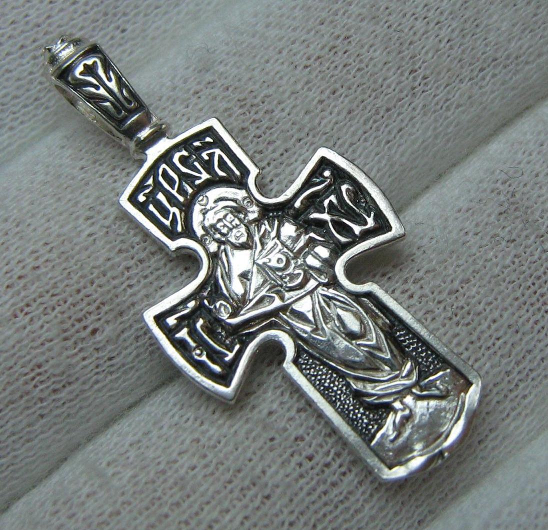 New solid 925 Sterling Silver large oxidized cross pendant and the image of Jesus Christ the Almighty, also called Pantocrator or All Ruler or Sovereign Lord, with Christian prayer inscription to God decorated with floral and filigree pattern