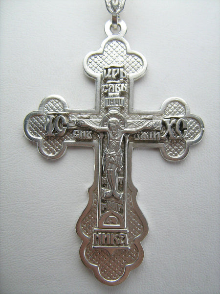 Heavy and huge 925 Sterling Silver cross pendant and Jesus Christ crucifix with Christian prayer inscription decorated with pattern.