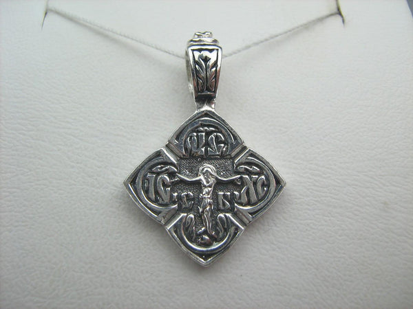 New solid 925 Sterling Silver oxidized rhomb cross pendant and Jesus Christ crucifix with Christian prayer text decorated with geometrical and filigree pattern.