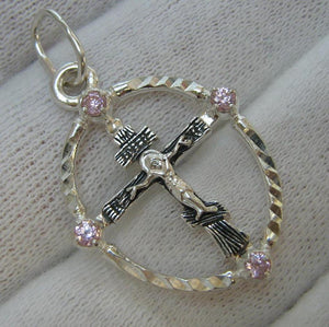 New solid 925 Sterling Silver oxidized cross pendant and Jesus Christ crucifix with Christian prayer inscription to God decorated with rose-pink Cubic Zirconia gemstones and wood pattern with openwork finish