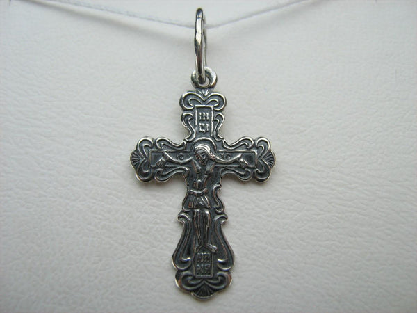 New solid 925 Sterling oxidized cross pendant and crucifix with Christian prayer inscription.