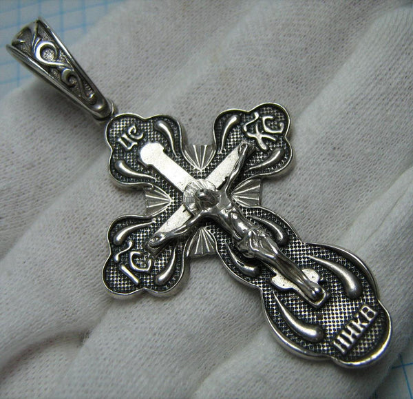 Vintage solid 925 Sterling Silver huge and heavy oxidized cross pendant and Jesus Christ crucifix with Christian prayer inscription to God decorated with church view, plant, braid, netting and wickerwork pattern